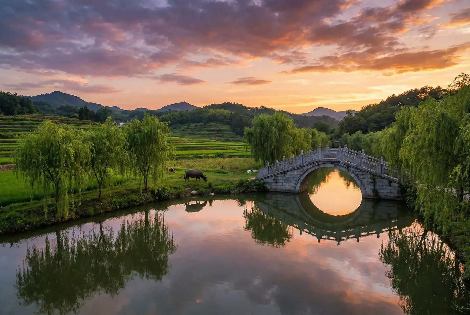 夕阳下的石拱桥与垂柳，水牛在河边吃草 - qq皮肤素材 乡村美景