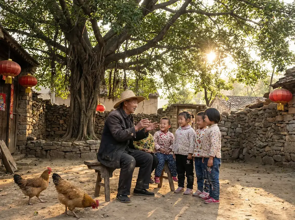 老人在大榕树下给孩子们讲故事 - qq皮肤素材 乡村记忆